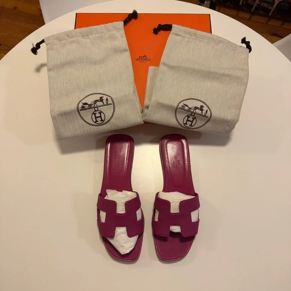HERMES ORAN SANDALS, PINK POURPRE COLOR, SIZE 37.5 with BOX and DUSTBAGS - Picture 9 of 15
